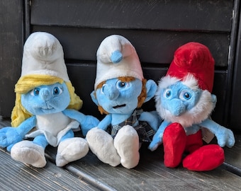 Vintage Smurfs Movie Plush Set – Papa Smurf, Gutsy & Smurfette – Official Licensed Stuffed Animals – Rare Collectibles