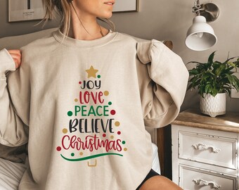 Christmas Tree Jumper, Joy Love Peace Believe, Unisex Fit