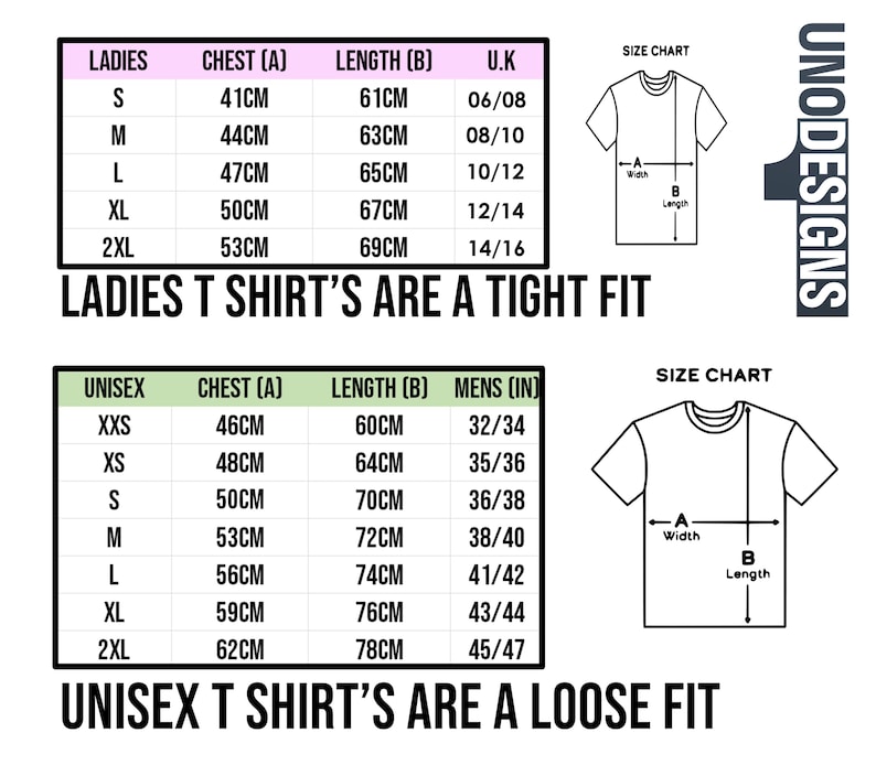 May include: Size chart for t-shirts with measurements in inches and centimeters. The chart shows chest and length measurements for both ladies and unisex t-shirts. The chart also includes UK sizes and men's sizes in inches.