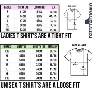 May include: Size chart for t-shirts with measurements in centimeters and inches. The chart shows chest, length, and UK sizes for ladies and unisex t-shirts. The chart also includes a diagram of a t-shirt with labels for width and length.