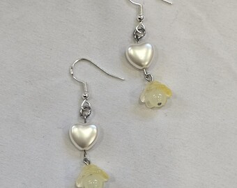 Fairycore Heart & Flower Earrings | Y2K Whimsical Dangles - Sterling Silver Hooks, Stainless Steel