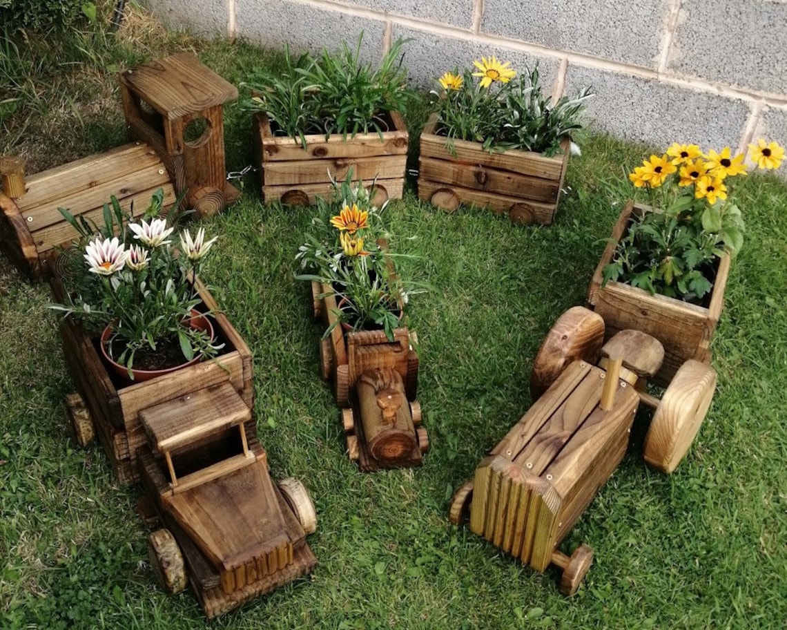 Handmade Wooden Outdoor Tractor and Trailer Planter perfect Etsy