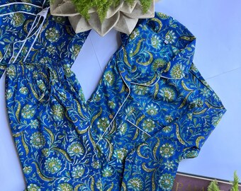 Women's Pure Cotton Block Print Pyjamas Blue Floral Pyjama's Indian Print 100% Cotton Pyjama Set Unique Valentines Day Gift For Her