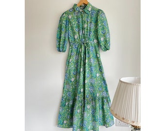 Hand Block Print Cotton Midi Dress: Women's Boho Green Summer Dress
