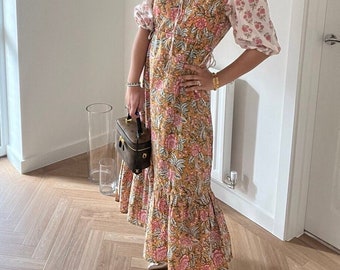 Womens Summer Dress Tie Up Mom Dress Pure Cotton Yellow  Block Print Dress Indian Print 100% Cotton Dress with Pockets Gift For Her