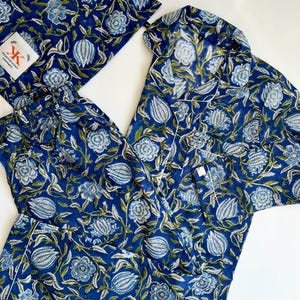 Womens Pure Cotton Block Print Pyjamas Blue Stripe Floral Pyjama&#39;s Indian Print Loungewear Set Unique Gift Wrapped Pyjamas