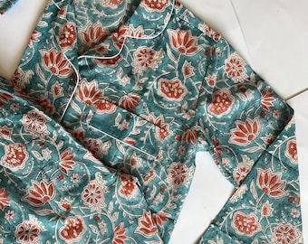 Womens Pure Cotton Block Print Pyjamas Blue Floral Pyjama's Indian Print 100% Cotton Loungewear Set Unique Gift Wrapped Pyjamas