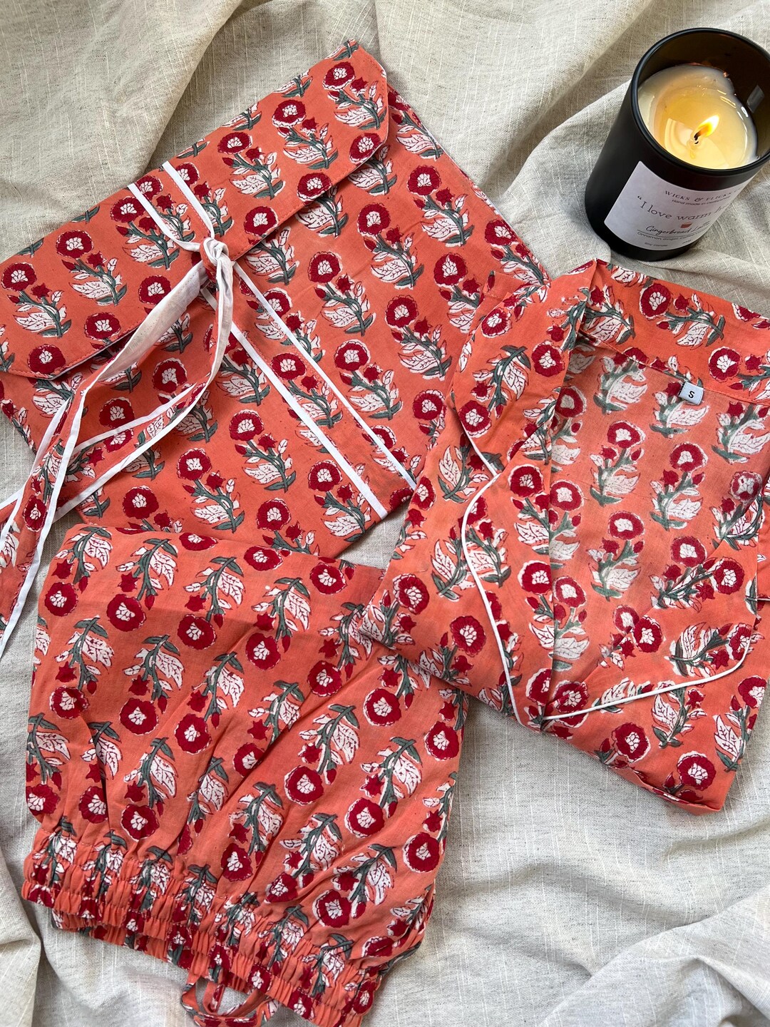 Womens Pure Cotton Block Print Pyjamas Orange Floral Pyjama's Indian ...