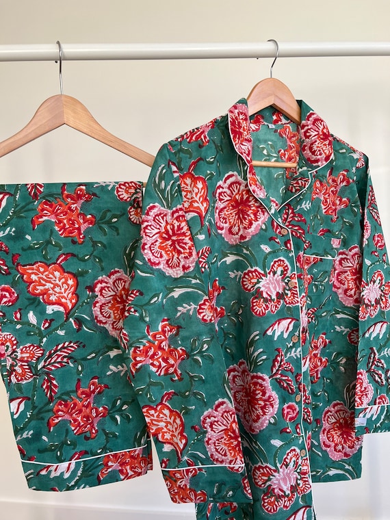 Womens Pure Cotton Block Print Pyjamas Green Floral Pyjama s Indian Print 100 Cotton Loungewear Set Unique Gift Wrapped Pyjamas Etsy Canada