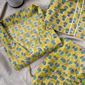 Womens Pure Cotton Block Print Pyjamas Yellow Floral Pyjama's Indian Print Loungewear Set Unique Gift Wrapped Pyjamas Christmas Gift