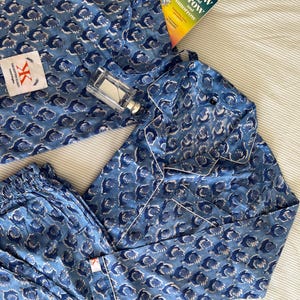 Womens Pure Cotton Block Print Pyjamas Blue Stripe Floral Pyjama&#39;s Indian Print Loungewear Set Unique Gift Wrapped Pyjamas