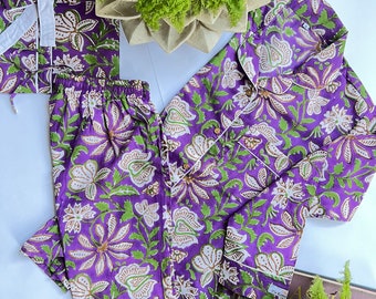 Womens Pure Cotton Block Print Pyjamas Purple Floral Pyjama's Indian Print 100% Cotton Pyjama Set Unique Valentines Day Gift For Her