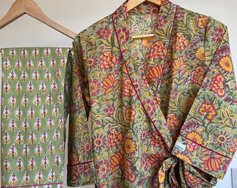 Conjunto de kimono de algodón puro para mujer, pijama con estampado de bloques, conjunto de kimono de algodón floral verde para mujer, estampado indio, conjunto de pijama 100% algodón, regalo para ella