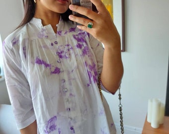 Tie Dye Cotton Blouse Day Wear Pleated Top  Summer Blouse Work blouse Holiday Shirt