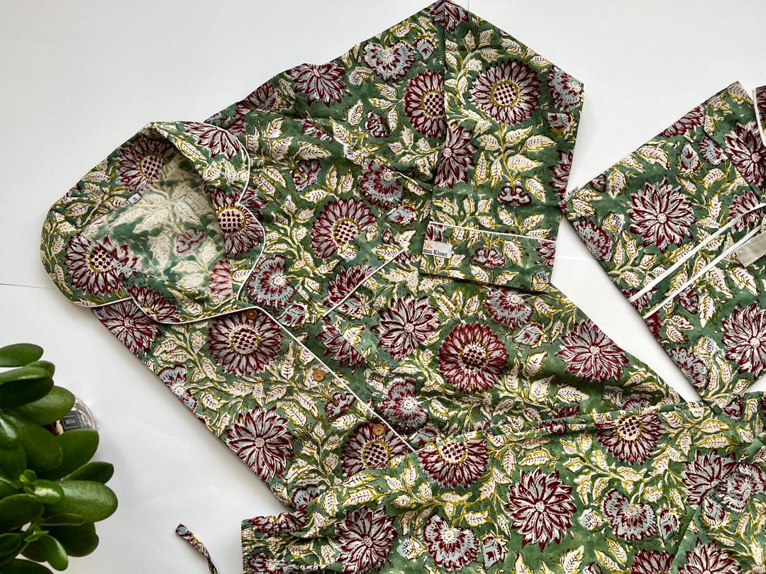 Womens Pure Cotton Block Print Pyjamas Green Floral Pyjama's Indian ...