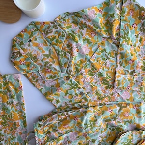 Womens Pure Cotton Block Print Pyjamas Blue Yellow Floral Pyjama&#39;s Indian Print Loungewear Set Unique Gift Wrapped Pyjamas