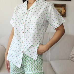 Cotton Women's Pajama Short Set: Green Polka Dot & Floral Loungewear