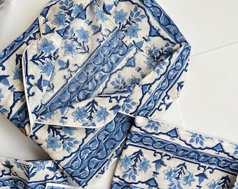 Womens Pure Cotton Block Print Pyjamas Blue white Floral Pyjama's Indian Print Loungewear Set Unique Gift Wrapped Pyjamas Christmas Gift