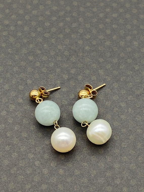 Vintage 14ct gold jade and pearl drop earrings - image 4