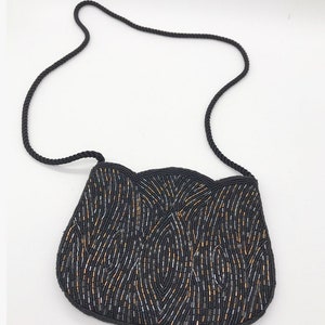 Vintage St Michael beaded bag, small party bag, black beaded evening bag