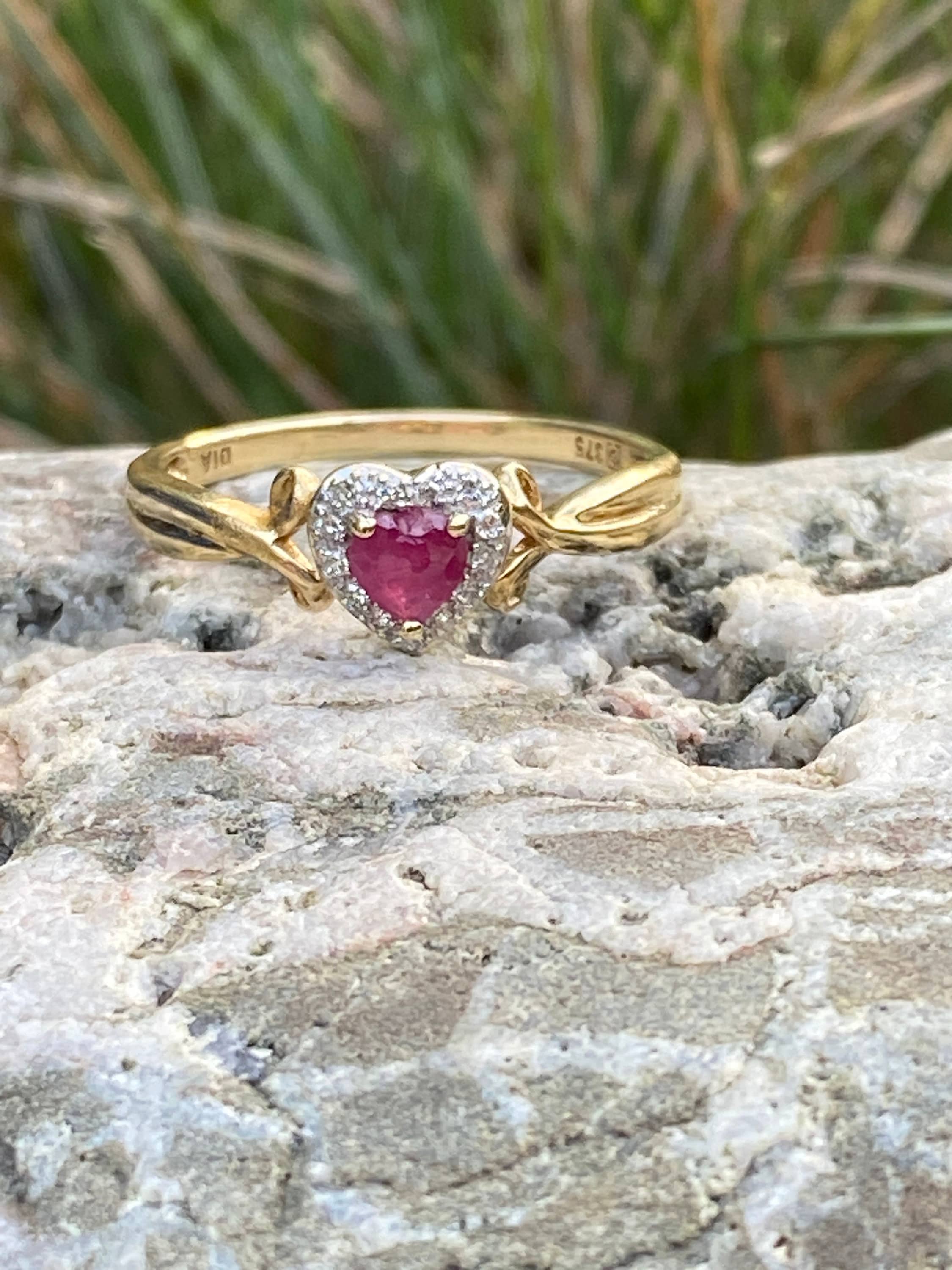 Ruby Heart Ring Gold Heart Cut Natural Ruby Diamond 100% 14k SOLID