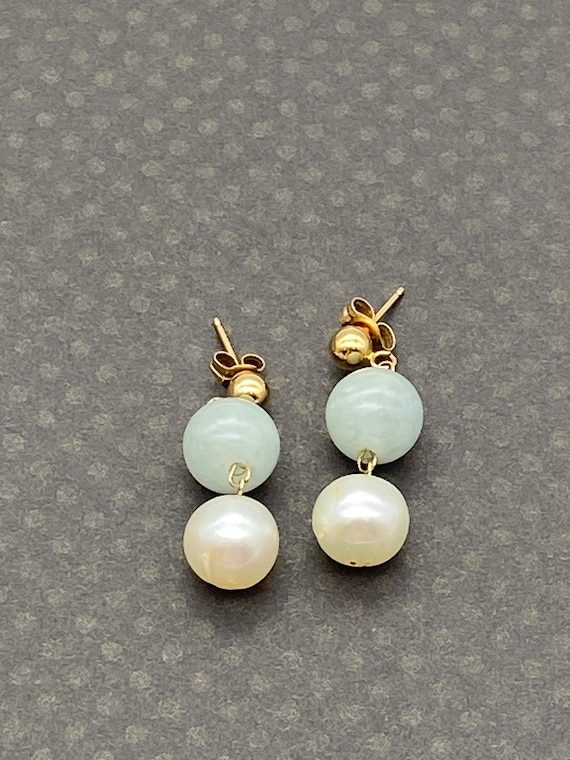 Vintage 14ct gold jade and pearl drop earrings - image 1