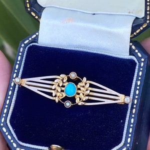 Antique brooch 15ct gold turquoise seed pearls brooch laurel leaf