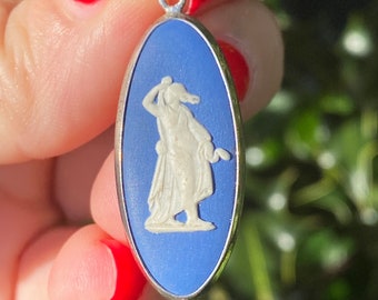 Vintage Wedgwood blue jasper ware silver pendant, oval cameo pendant