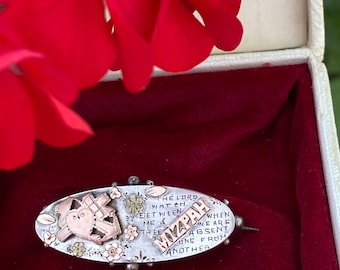 Antique sterling silver Mizpah brooch, Victorian sweetheart pin, separated lovers jewellery