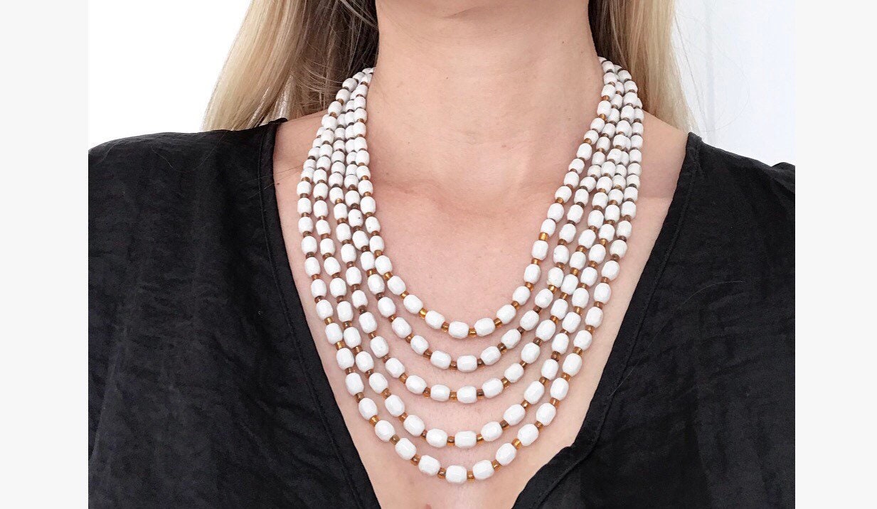 Collier Vintage Double Rang Perles Céramique Blanches - Original Avec Défauts