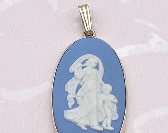 Vintage Wedgwood Jasperware oval blue cameo pendant,  sterling silver mother and child pendant