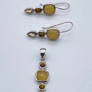 Vintage sterling silver 925 multi stone yellow set earrings and pendant