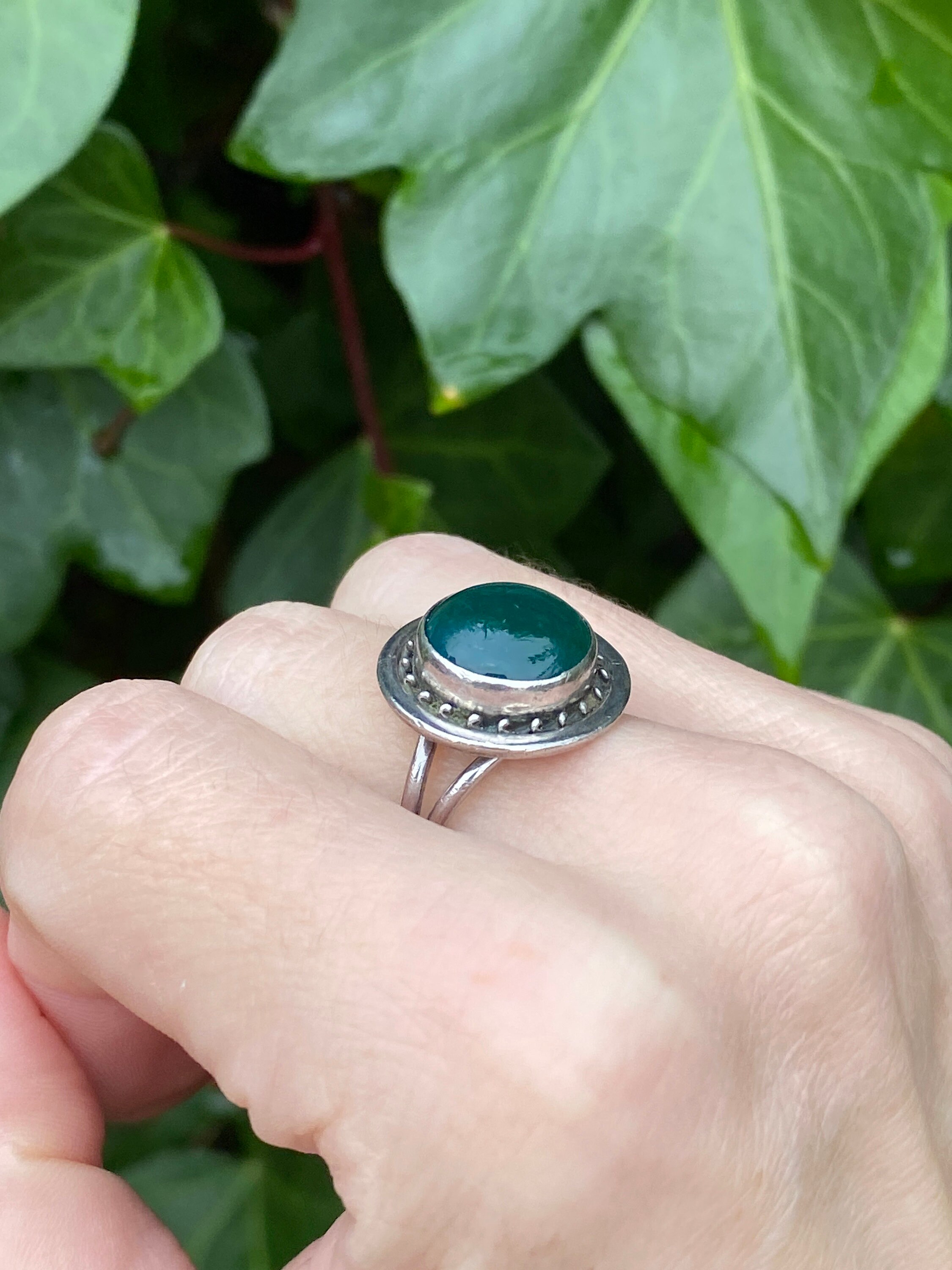 Bague Mexicaine En Argent 925 Avec Pierre Verte Incrustée - Taille 10, Occasion