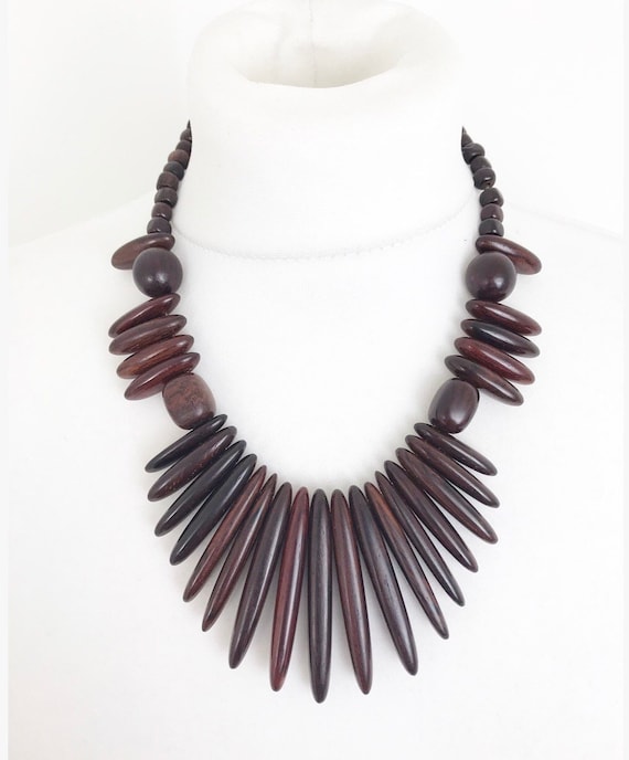 Vintage danish wood dark brown statement necklace