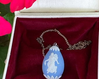 Vintage Wedgwood Jasperware egg pendant on silver chain necklace, blue porcelain and silver jewellery