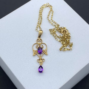 Art Nouveau 9ct gold amethyst and seed pearl pendant necklace