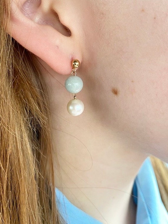 Vintage 14ct gold jade and pearl drop earrings - image 5