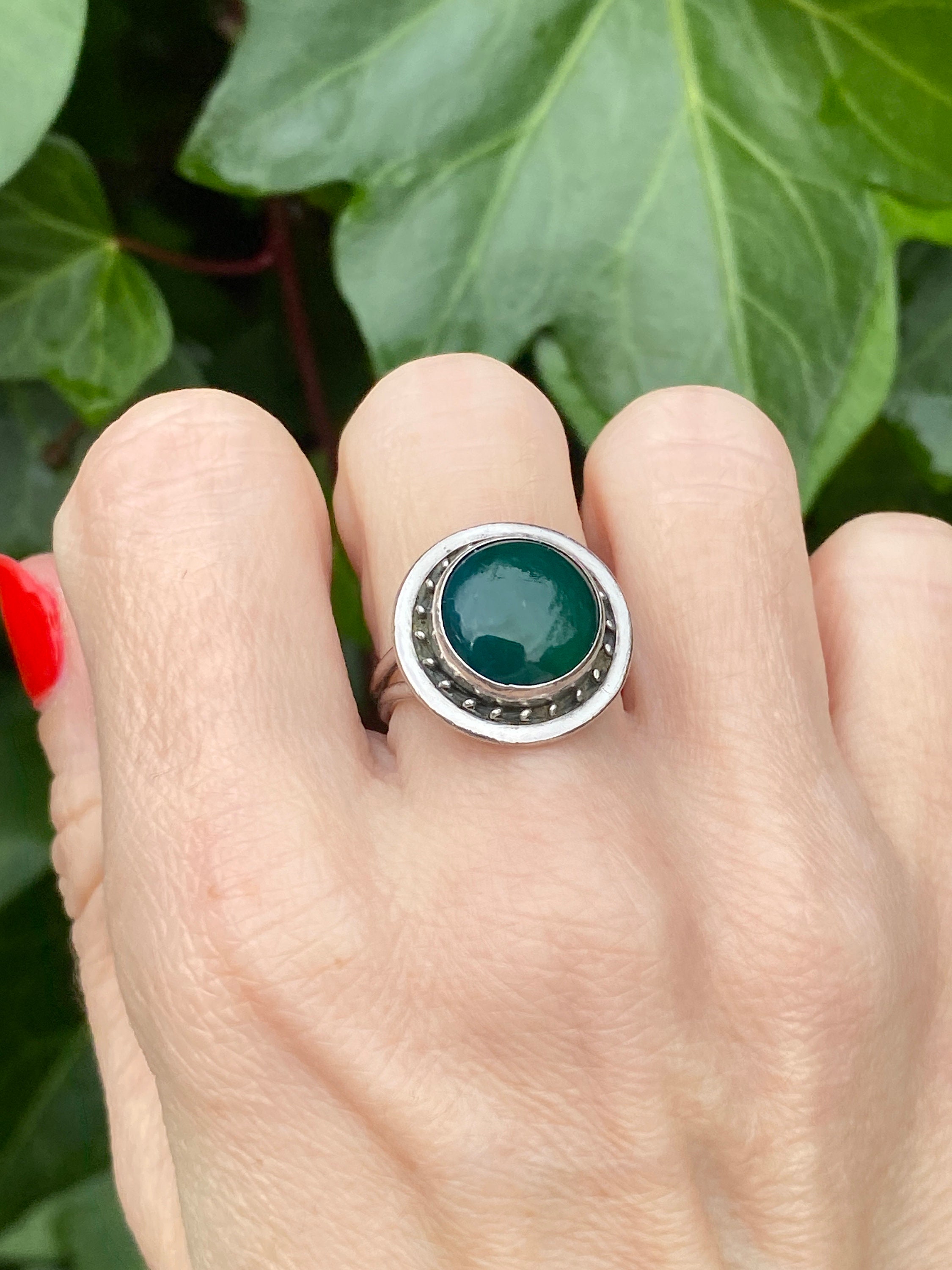 Bague Argent 925 Du Mexique Avec Pierre Verte - Taille 10 - Occasion - Style Ethnique