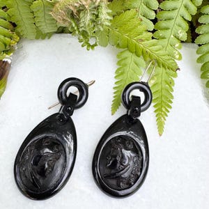 Antique jet drop earrings, Victorian jet cameo earrings