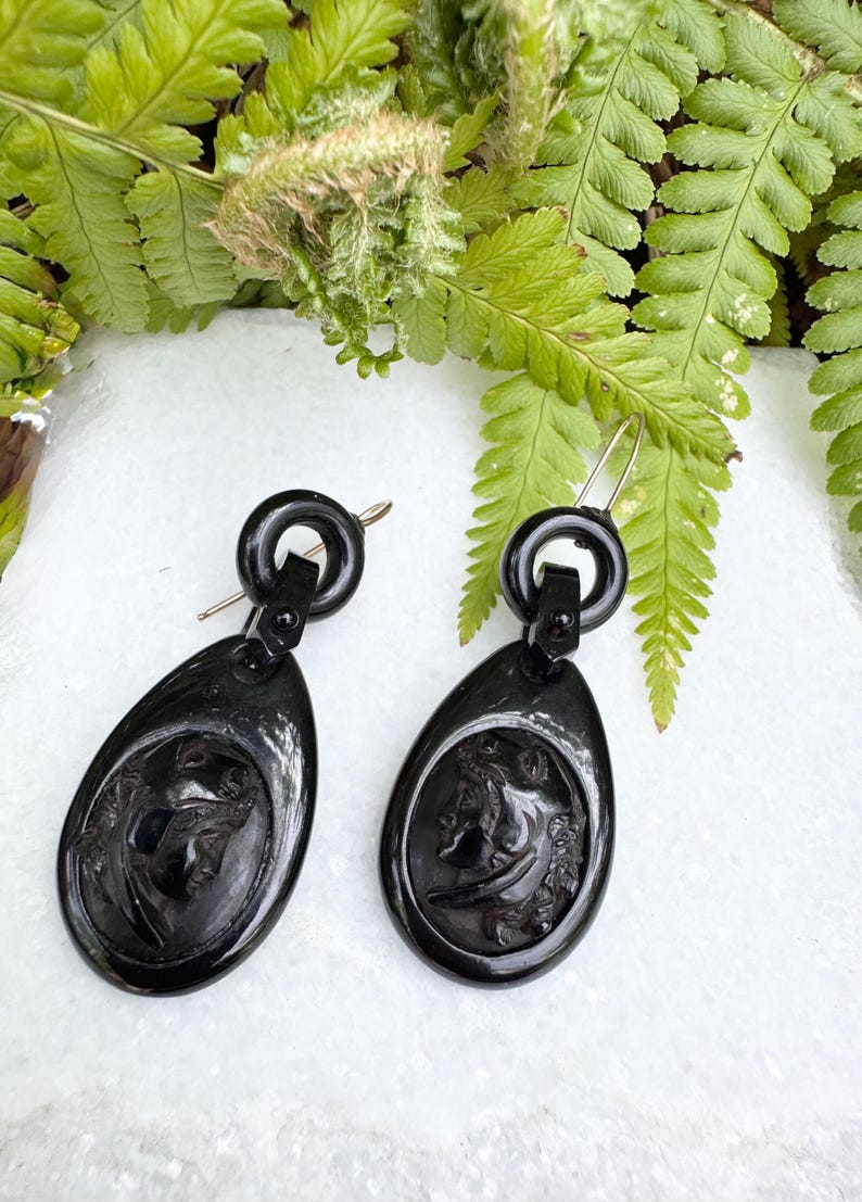 May include: A pair of black jet earrings with a cameo design. The earrings are oval shaped and feature a carved profile of a woman's face. The earrings are suspended from a black jet ring.