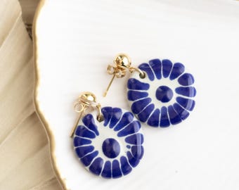 Mexican Talavera Handmade Dainty Earrings, Blue and White Drop Earring, Round Floral Earrings, Ceramic 14K Gold Plated, Gift for Her