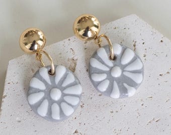 Handmade Talavera Clay Earrings, Gray Floral Ceramic, 18K Gold Plated
