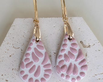 Handmade Talavera Clay Earrings,  Pink Floral Teardrop, 18K Gold Plated