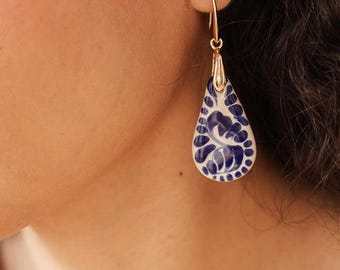 Handmade Talavera Clay Earrings, Blue Floral Teardrop, 18K Gold Plated