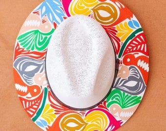 Hand-Painted Mexican Palm Hat: Boho Fedora with Leather Brim