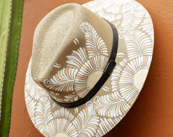 Hand-Painted Mexican Palm Hat: Boho Fedora with Leather Band