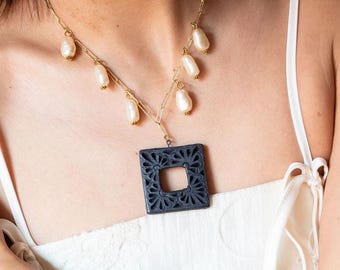 Barro Negro Charm Necklace, Mexican Black Clay, Pearl, Gold-Plated Chain