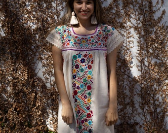 Flowers and Vines Hand Embroidered Raw Cotton Mexican Dress