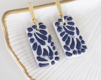 Handmade Talavera Clay Earrings, Blue Floral, 18K Gold Plated