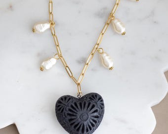 Barro Negro Heart Necklace, Pearl Accent, 18k Gold Plated Chain